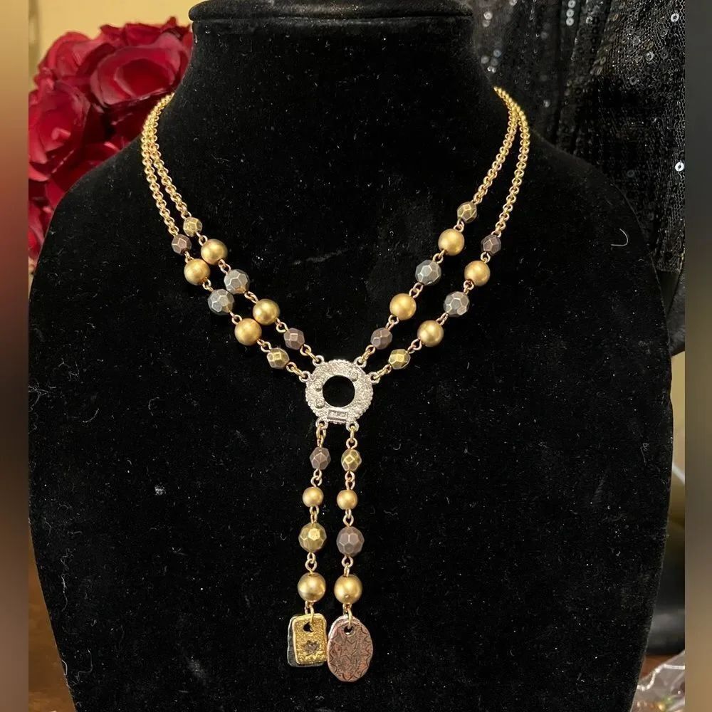 VINTAGE LIZ CLAIBORNE COUTURE MULTICOLOR GOLDEN BYZANTINE STYLE PENDANT NECKLACE